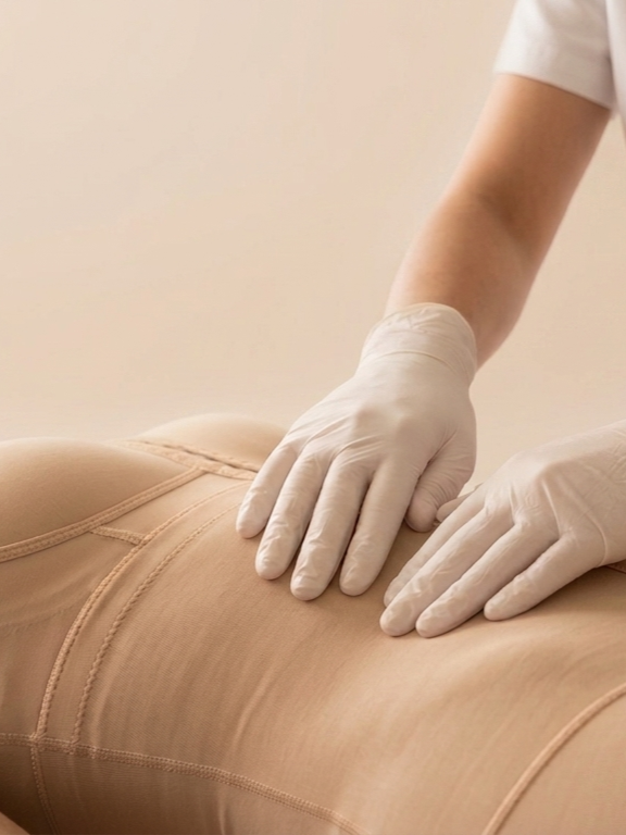 Especialista realizando una valoración postquirúrgica sobre abdomen con faja de compresión en Aromatic